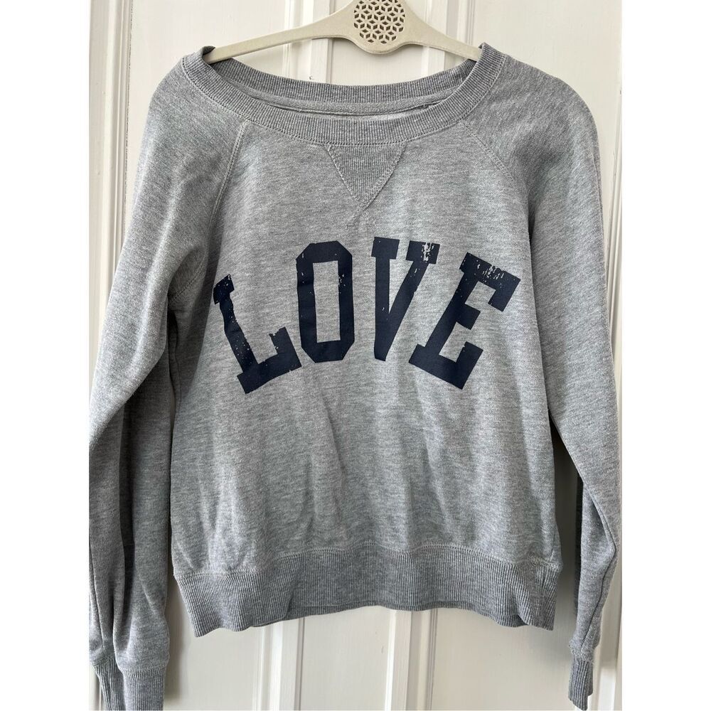 Green Sleeved gray and navy "Love" graphic crew neck sweatshirt M